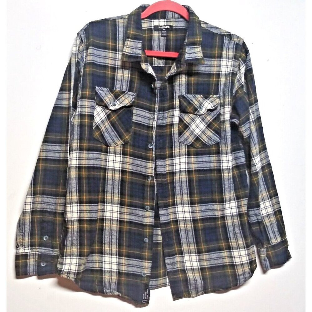 RSQ Mens Flannel Shirt Sz L Buffalo Check Plaid blue green gray Cotton long slv